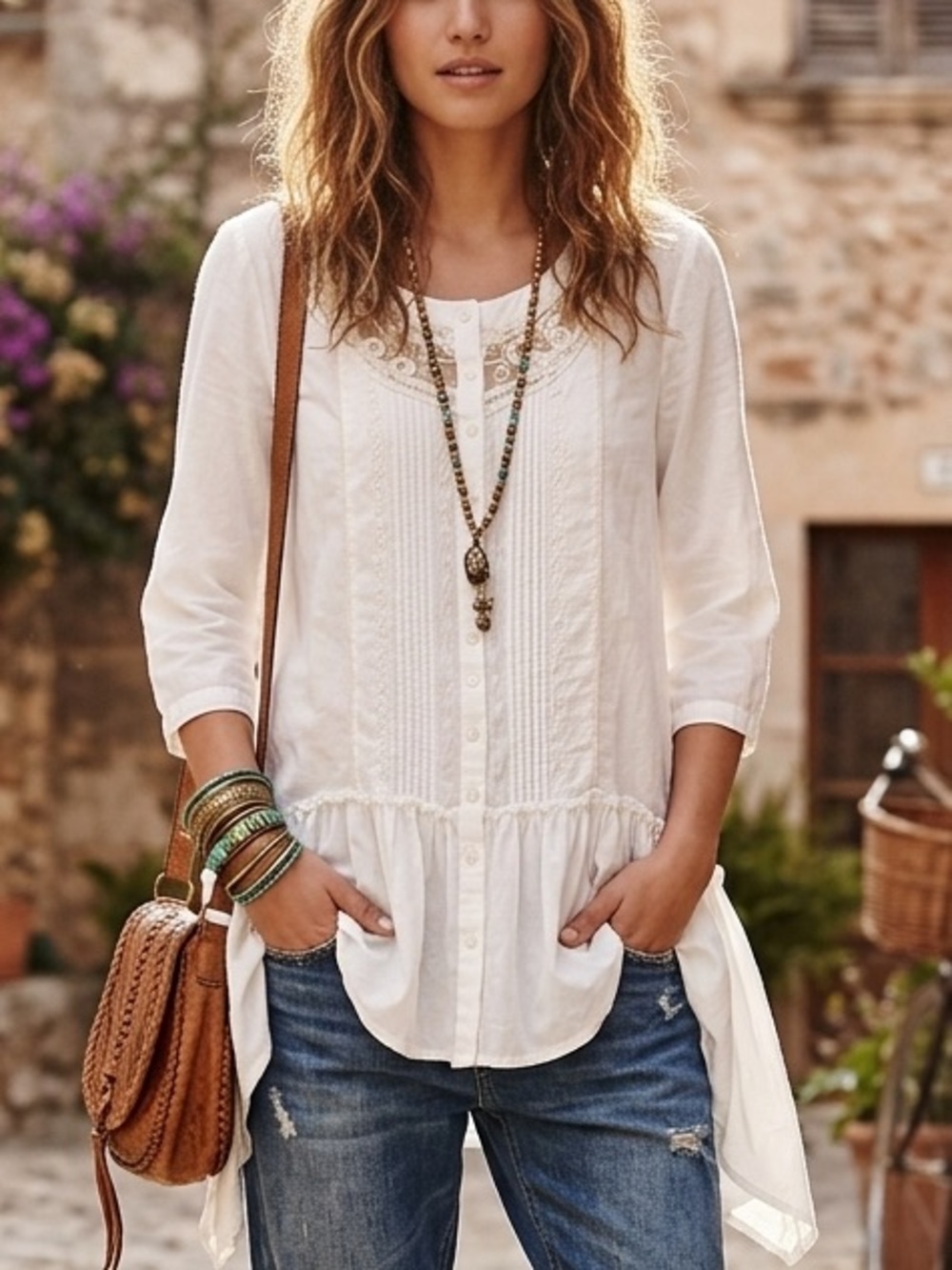 Free People Ivory Lace Pintuck Ruffle Boho Tunic Top XS